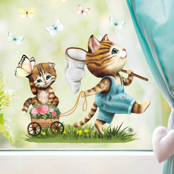 Auf dem Bild ist das Produkt: Wiederverwendbares Fensterbild Frühling Ostern Katze mit Schubkarre Schmetterlinge, Fensterdeko Kinderzimmer Kind, Frühlingsdeko zum Preis von €14.9 abgebildet.