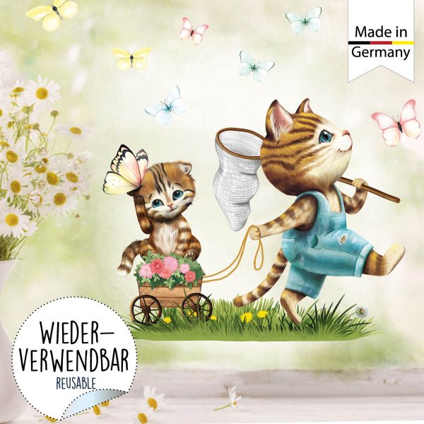Auf dem Bild ist das Produkt: Wiederverwendbares Fensterbild Frühling Ostern Katze mit Schubkarre Schmetterlinge, Fensterdeko Kinderzimmer Kind, Frühlingsdeko zum Preis von €14.9 abgebildet.