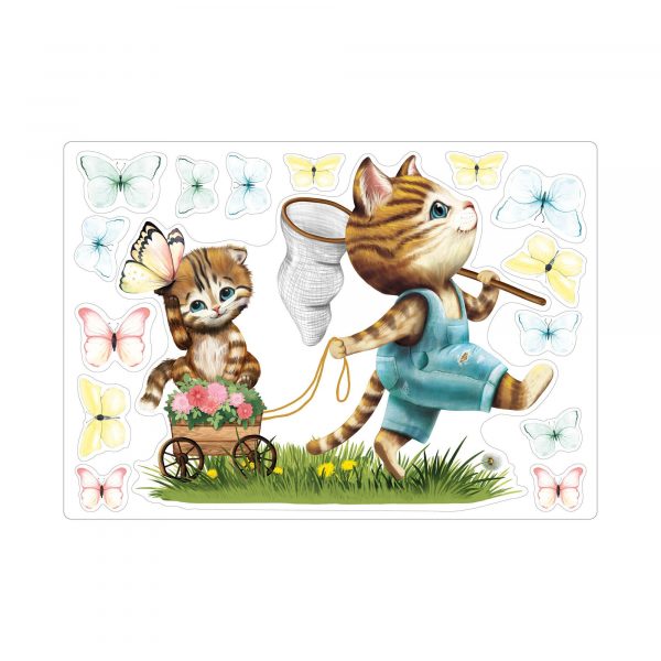 Auf dem Bild ist das Produkt: Wiederverwendbares Fensterbild Frühling Ostern Katze mit Schubkarre Schmetterlinge, Fensterdeko Kinderzimmer Kind, Frühlingsdeko zum Preis von €14.9 abgebildet.