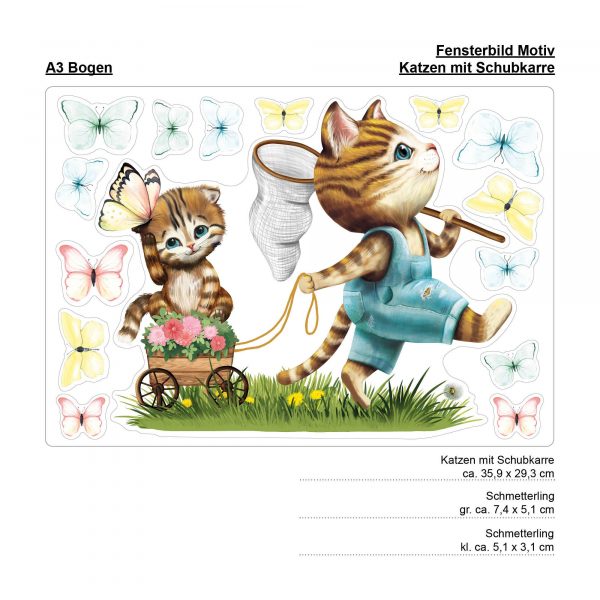 Auf dem Bild ist das Produkt: Wiederverwendbares Fensterbild Frühling Ostern Katze mit Schubkarre Schmetterlinge, Fensterdeko Kinderzimmer Kind, Frühlingsdeko zum Preis von €14.9 abgebildet.