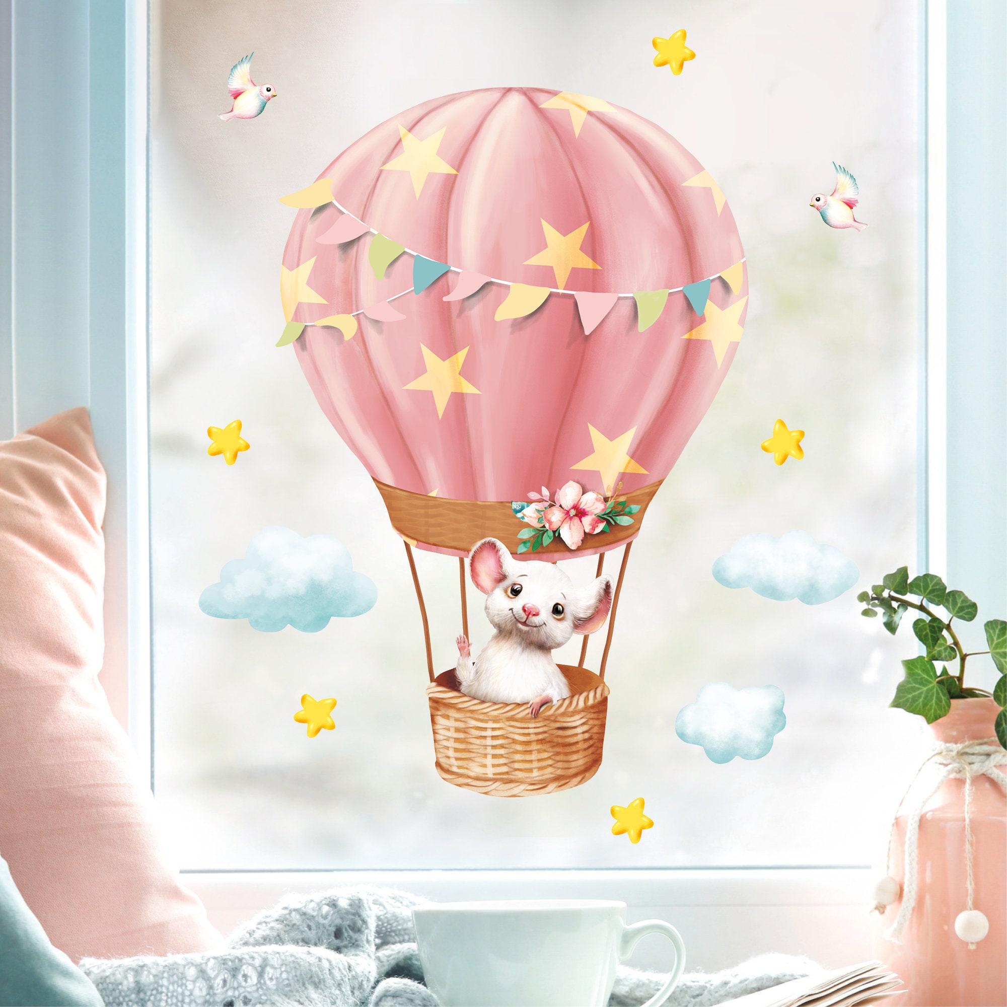 Wiederverwendbares Fensterbild Frühling Ostern Maus im Heißluftballon, Fensterdeko Kinderzimmer Kind, Frühlingsdeko