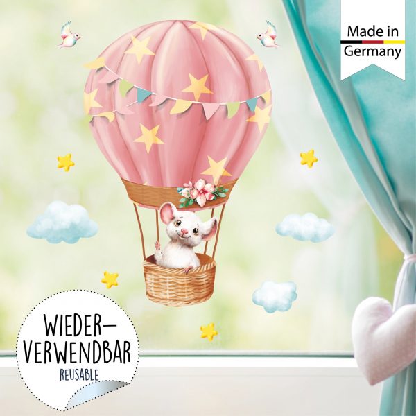 Auf dem Bild ist das Produkt: Wiederverwendbares Fensterbild Frühling Ostern Maus im Heißluftballon, Fensterdeko Kinderzimmer Kind, Frühlingsdeko zum Preis von €14.9 abgebildet.