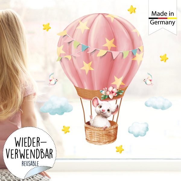 Auf dem Bild ist das Produkt: Wiederverwendbares Fensterbild Frühling Ostern Maus im Heißluftballon, Fensterdeko Kinderzimmer Kind, Frühlingsdeko zum Preis von €14.9 abgebildet.