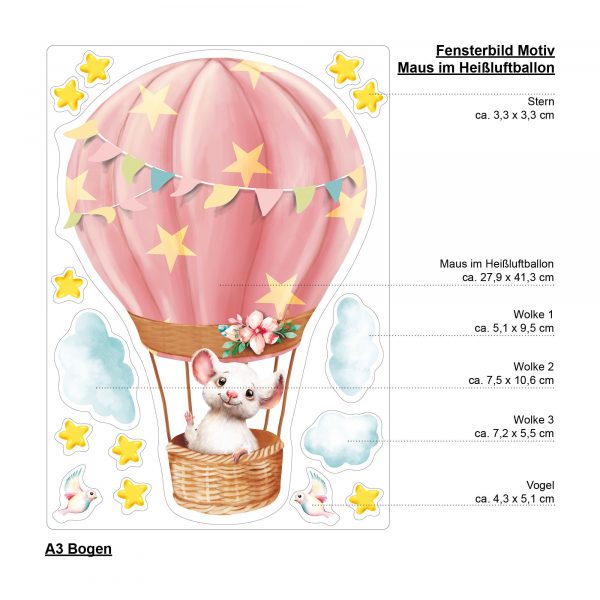 Auf dem Bild ist das Produkt: Wiederverwendbares Fensterbild Frühling Ostern Maus im Heißluftballon, Fensterdeko Kinderzimmer Kind, Frühlingsdeko zum Preis von €14.9 abgebildet.