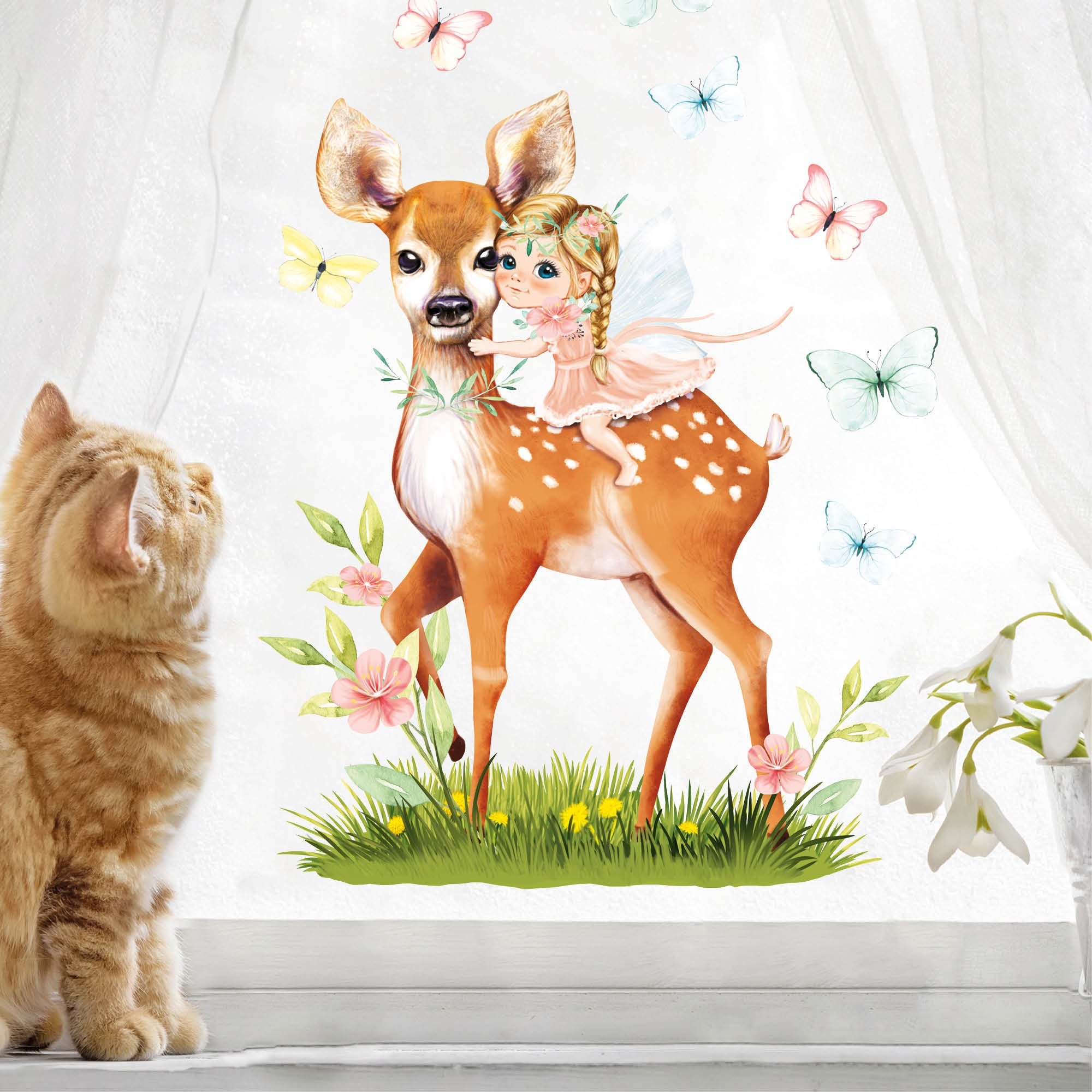 Wiederverwendbares Fensterbild Frühling Ostern Reh Mädchen mit Schmetterlingen, Fensterdeko Kinderzimmer Kind, Frühlingsdeko