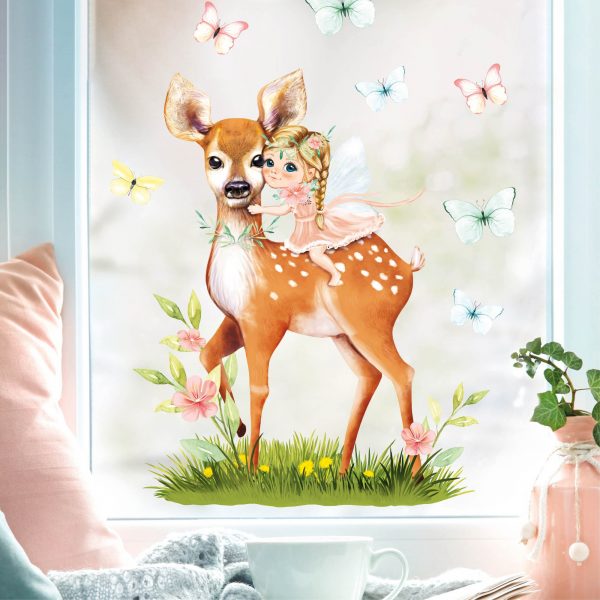 Auf dem Bild ist das Produkt: Wiederverwendbares Fensterbild Frühling Ostern Reh Mädchen mit Schmetterlingen, Fensterdeko Kinderzimmer Kind, Frühlingsdeko zum Preis von €14.9 abgebildet.