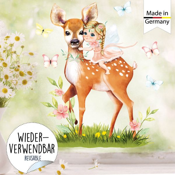 Auf dem Bild ist das Produkt: Wiederverwendbares Fensterbild Frühling Ostern Reh Mädchen mit Schmetterlingen, Fensterdeko Kinderzimmer Kind, Frühlingsdeko zum Preis von €14.9 abgebildet.