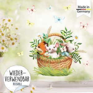 Auf dem Bild ist das Produkt: Wiederverwendbares Fensterbild Frühling Ostern Tiere im Korb, Fensterdeko Kinderzimmer Kind, Frühlingsdeko, Osterdeko zum Preis von €14.9 abgebildet.