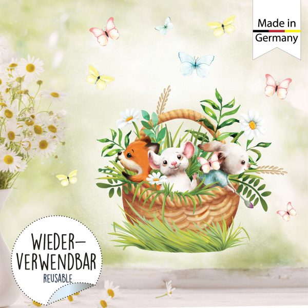 Auf dem Bild ist das Produkt: Wiederverwendbares Fensterbild Frühling Ostern Tiere im Korb, Fensterdeko Kinderzimmer Kind, Frühlingsdeko, Osterdeko zum Preis von €14.9 abgebildet.