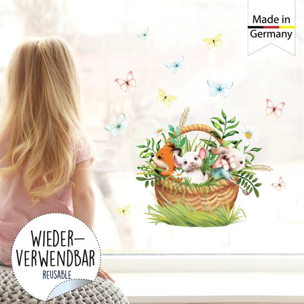 Auf dem Bild ist das Produkt: Wiederverwendbares Fensterbild Frühling Ostern Tiere im Korb, Fensterdeko Kinderzimmer Kind, Frühlingsdeko, Osterdeko zum Preis von €14.9 abgebildet.