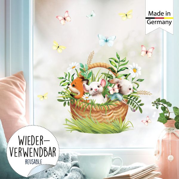 Auf dem Bild ist das Produkt: Wiederverwendbares Fensterbild Frühling Ostern Tiere im Korb, Fensterdeko Kinderzimmer Kind, Frühlingsdeko, Osterdeko zum Preis von €14.9 abgebildet.