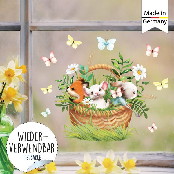 Auf dem Bild ist das Produkt: Wiederverwendbares Fensterbild Frühling Ostern Tiere im Korb, Fensterdeko Kinderzimmer Kind, Frühlingsdeko, Osterdeko zum Preis von €14.9 abgebildet.