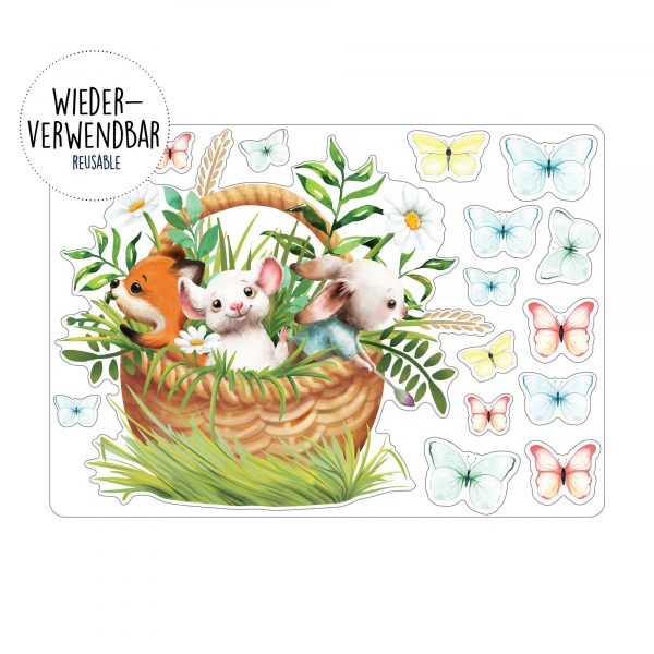 Auf dem Bild ist das Produkt: Wiederverwendbares Fensterbild Frühling Ostern Tiere im Korb, Fensterdeko Kinderzimmer Kind, Frühlingsdeko, Osterdeko zum Preis von €14.9 abgebildet.