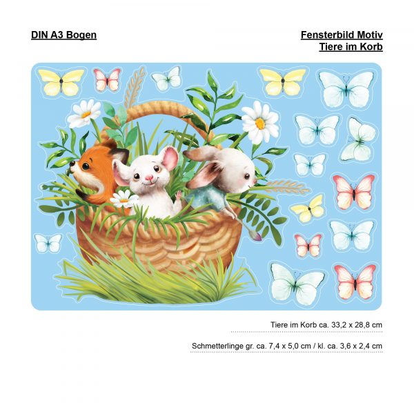 Auf dem Bild ist das Produkt: Wiederverwendbares Fensterbild Frühling Ostern Tiere im Korb, Fensterdeko Kinderzimmer Kind, Frühlingsdeko, Osterdeko zum Preis von €14.9 abgebildet.