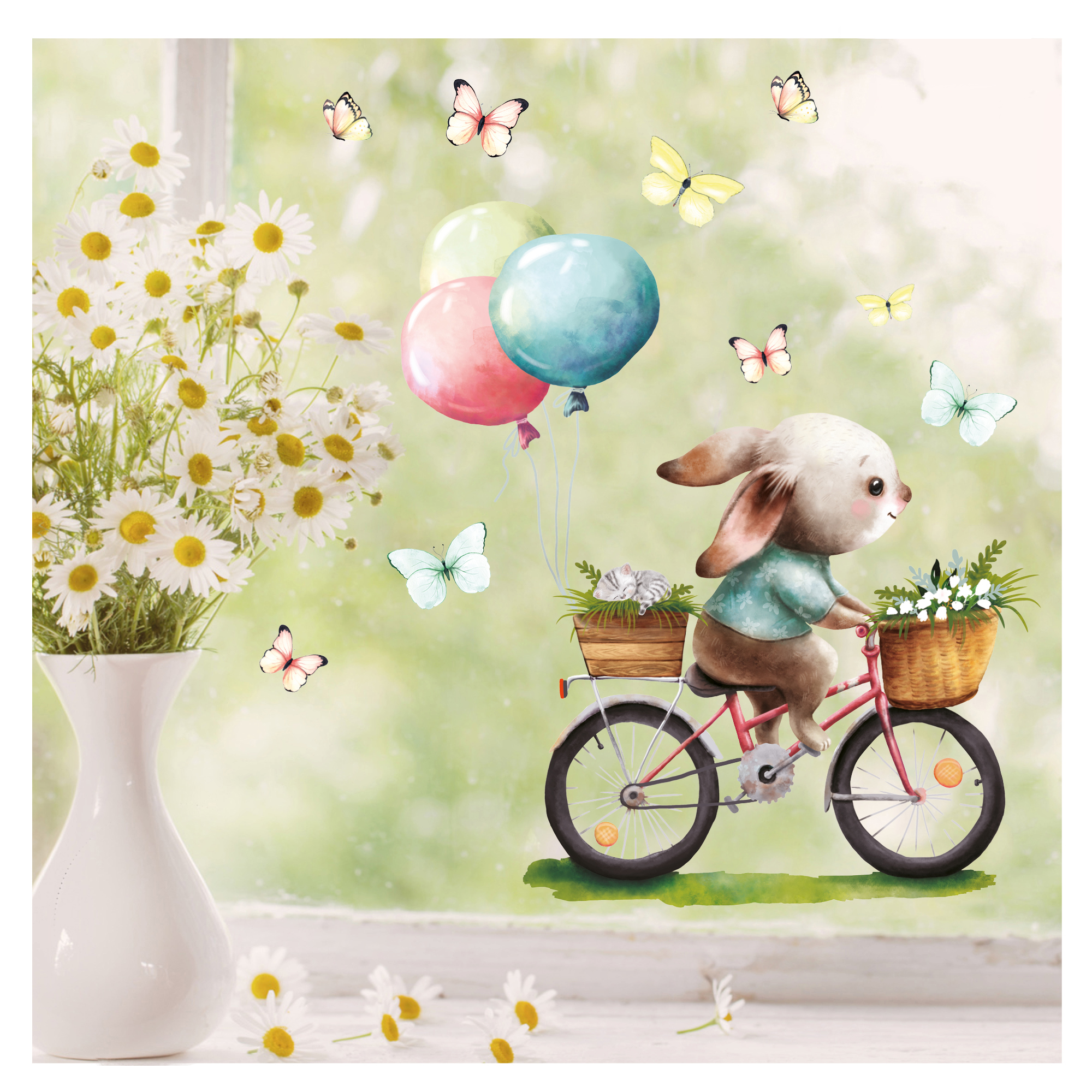 Wiederverwendbares Fensterbild Frühling Ostern Hase Fahrrad Schmetterlinge, Fensterdeko Kinderzimmer Kind, Frühlingsdeko, Osterdeko
