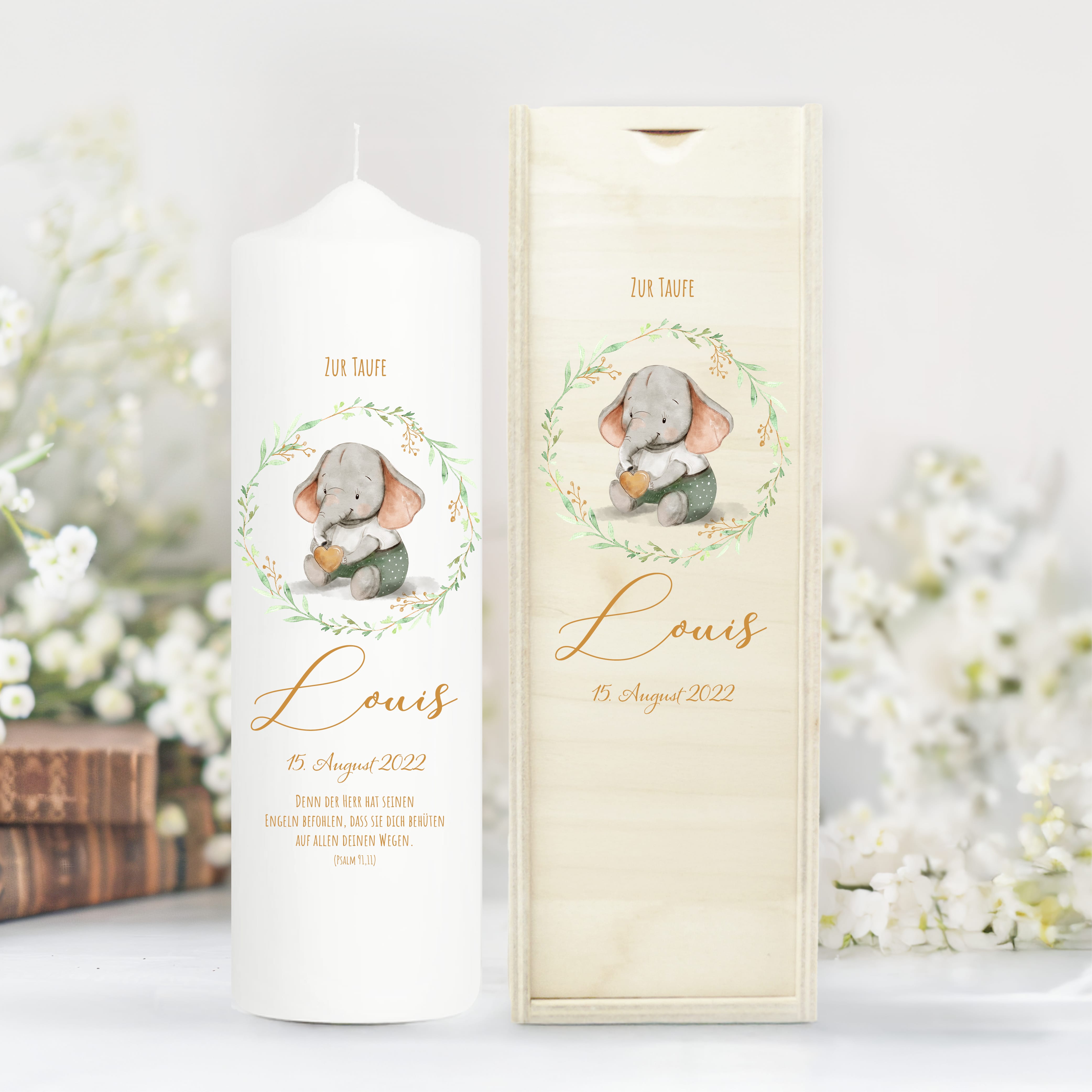Taufkerze Junge Mädchen Elefant bedruckt mit Namen, Datum und auf Wunsch eigenem, vorgegebenem oder keinem Taufspruch