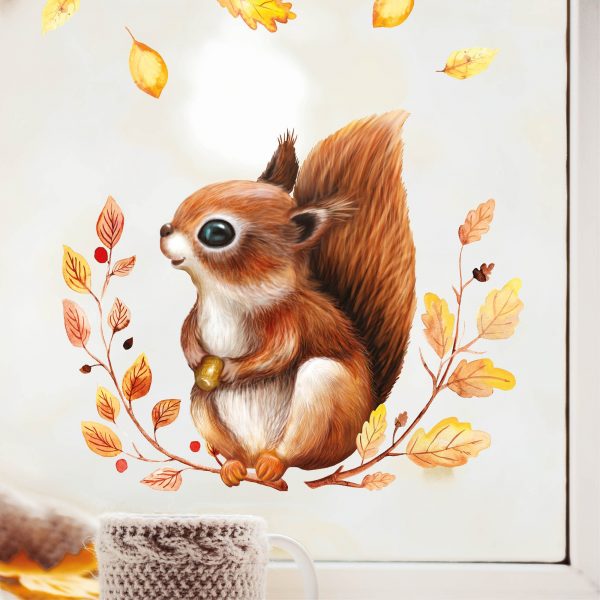 Auf dem Bild ist das Produkt: Fensterbild Herbst Eichhörnchen auf Blätterkranz wiederverwendbare Fensteraufkleber Kinderzimmer zum Preis von €13.90 abgebildet.