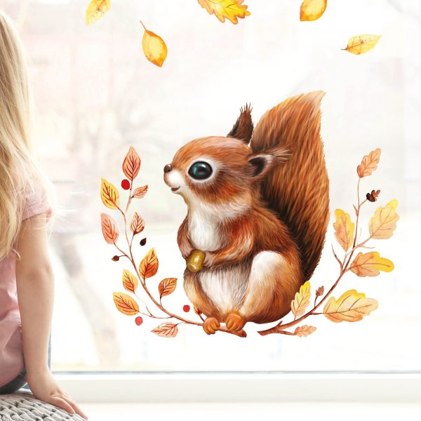 Auf dem Bild ist das Produkt: Fensterbild Herbst Eichhörnchen auf Blätterkranz wiederverwendbare Fensteraufkleber Kinderzimmer zum Preis von €13.90 abgebildet.