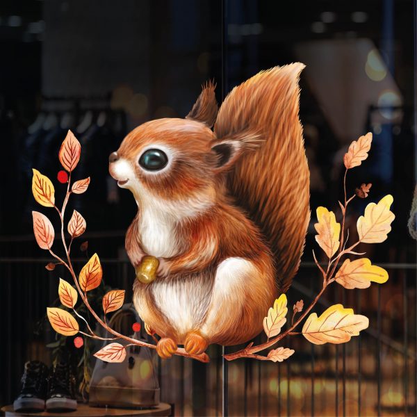 Auf dem Bild ist das Produkt: Fensterbild Herbst Eichhörnchen auf Blätterkranz wiederverwendbare Fensteraufkleber Kinderzimmer zum Preis von €13.90 abgebildet.