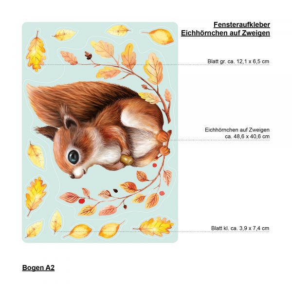 Auf dem Bild ist das Produkt: Fensterbild Herbst Eichhörnchen auf Blätterkranz wiederverwendbare Fensteraufkleber Kinderzimmer zum Preis von €13.90 abgebildet.