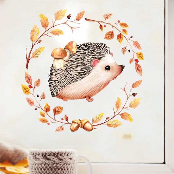 Auf dem Bild ist das Produkt: Fensterbild Herbst Igel mit Pilzen und Blätterkranz wiederverwendbare Fensteraufkleber Kinderzimmer zum Preis von €13.90 abgebildet.