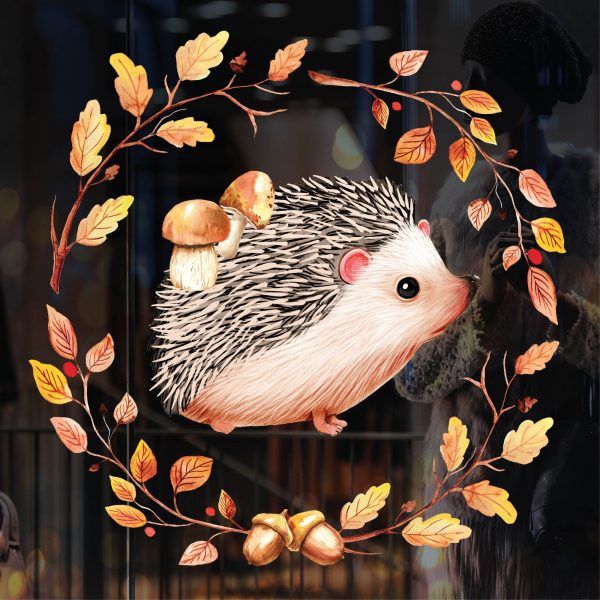 Auf dem Bild ist das Produkt: Fensterbild Herbst Igel mit Pilzen und Blätterkranz wiederverwendbare Fensteraufkleber Kinderzimmer zum Preis von €13.90 abgebildet.