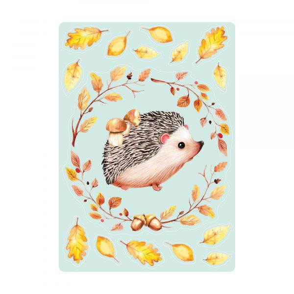 Auf dem Bild ist das Produkt: Fensterbild Herbst Igel mit Pilzen und Blätterkranz wiederverwendbare Fensteraufkleber Kinderzimmer zum Preis von €13.90 abgebildet.