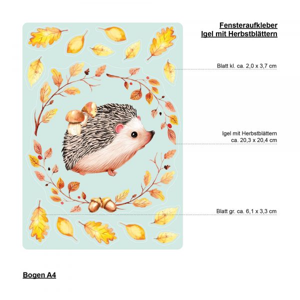 Auf dem Bild ist das Produkt: Fensterbild Herbst Igel mit Pilzen und Blätterkranz wiederverwendbare Fensteraufkleber Kinderzimmer zum Preis von €13.90 abgebildet.