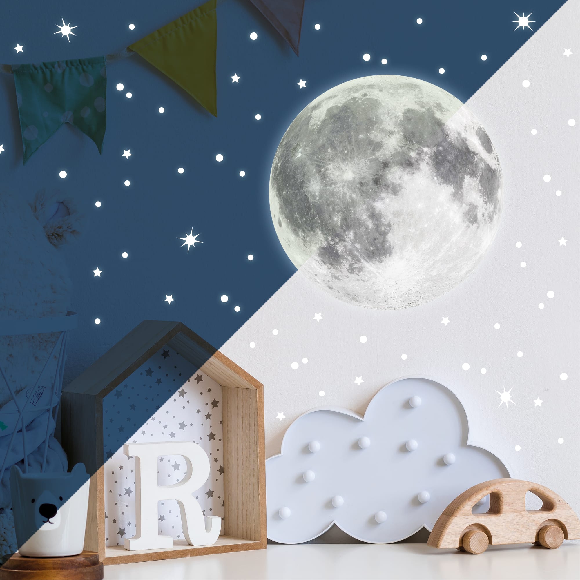 Auf dem Bild ist das Produkt: Leuchtmond und 350 Stk fluoreszierende Sterne und Punkte leuchten im Dunklen, Wandtattoo Wandaufkleber Kinderzimmer zum Preis von €13.90 abgebildet.