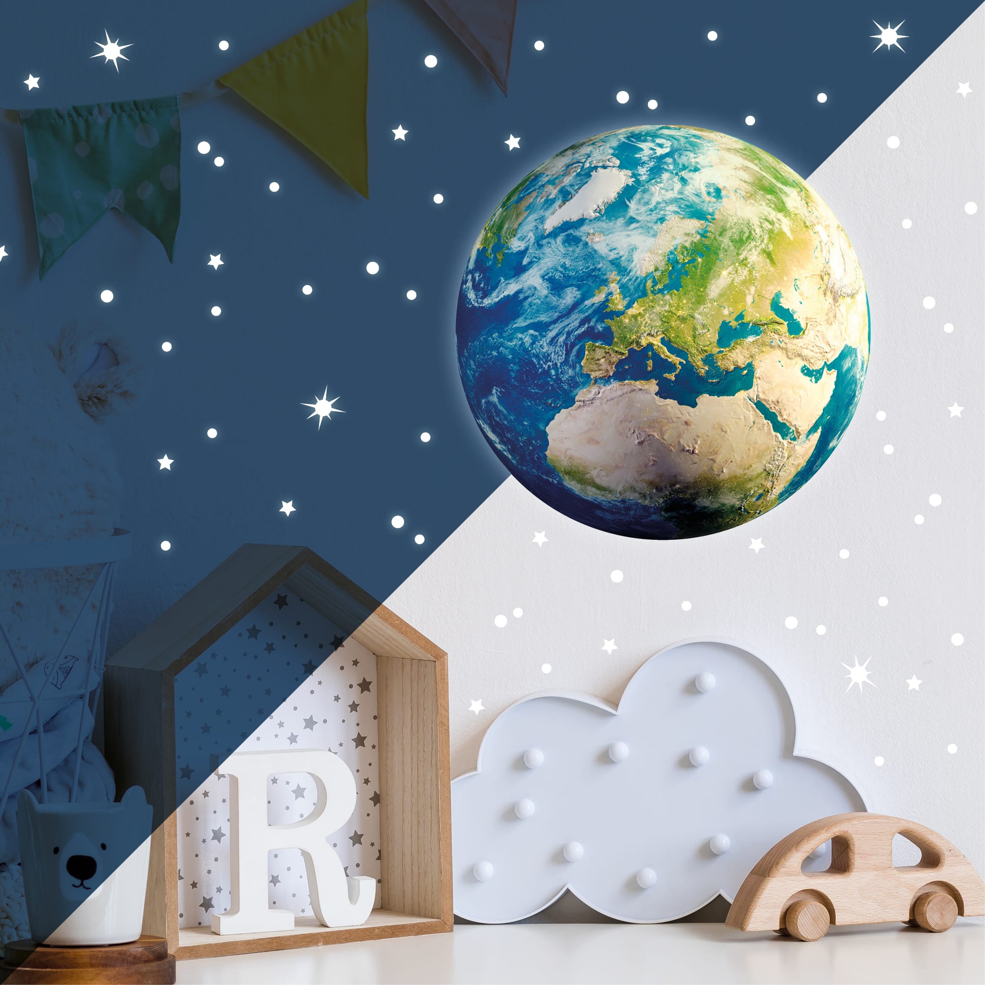 Auf dem Bild ist das Produkt: Leuchtaufkleber Erde Erdkugel leuchtend und 350 Stk fluoreszierende Sterne und Punkte leuchten im Dunklen zum Preis von €9.9 abgebildet.