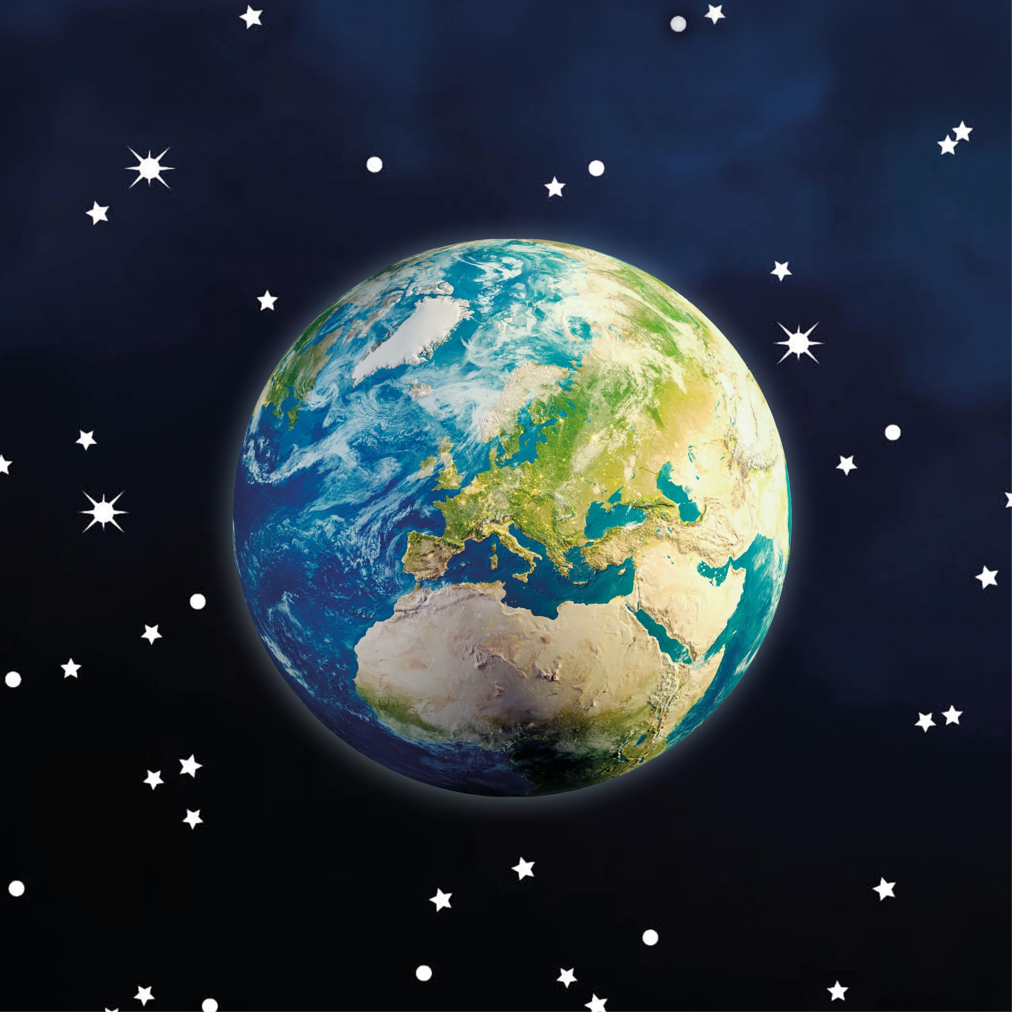 Auf dem Bild ist das Produkt: Leuchtaufkleber Erde Erdkugel leuchtend und 350 Stk fluoreszierende Sterne und Punkte leuchten im Dunklen zum Preis von €9.9 abgebildet.