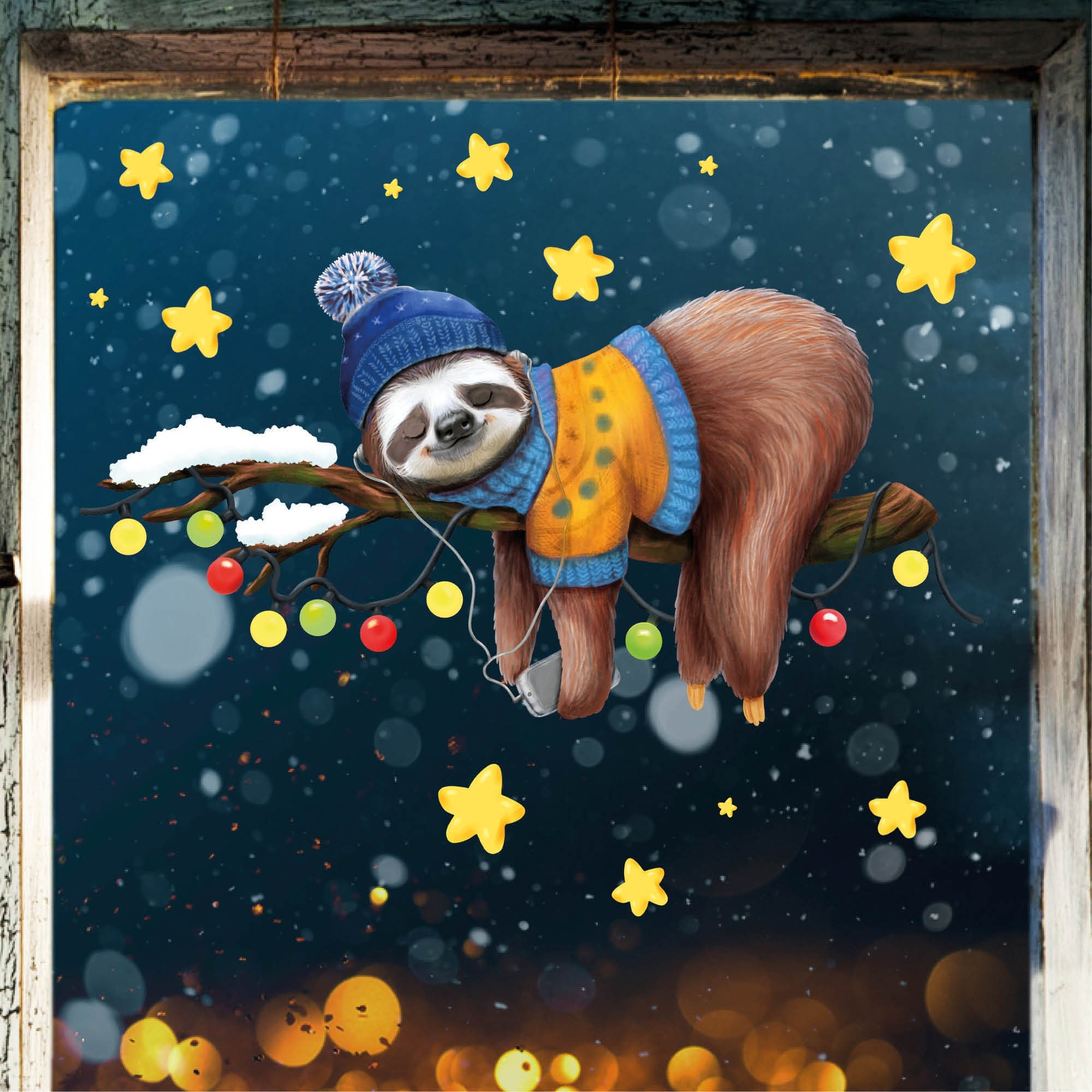 Fensterbild Weihnachten Faultier auf Ast Mütze blau Winter winterlicher Fensteraufkleber wiederverwendbar