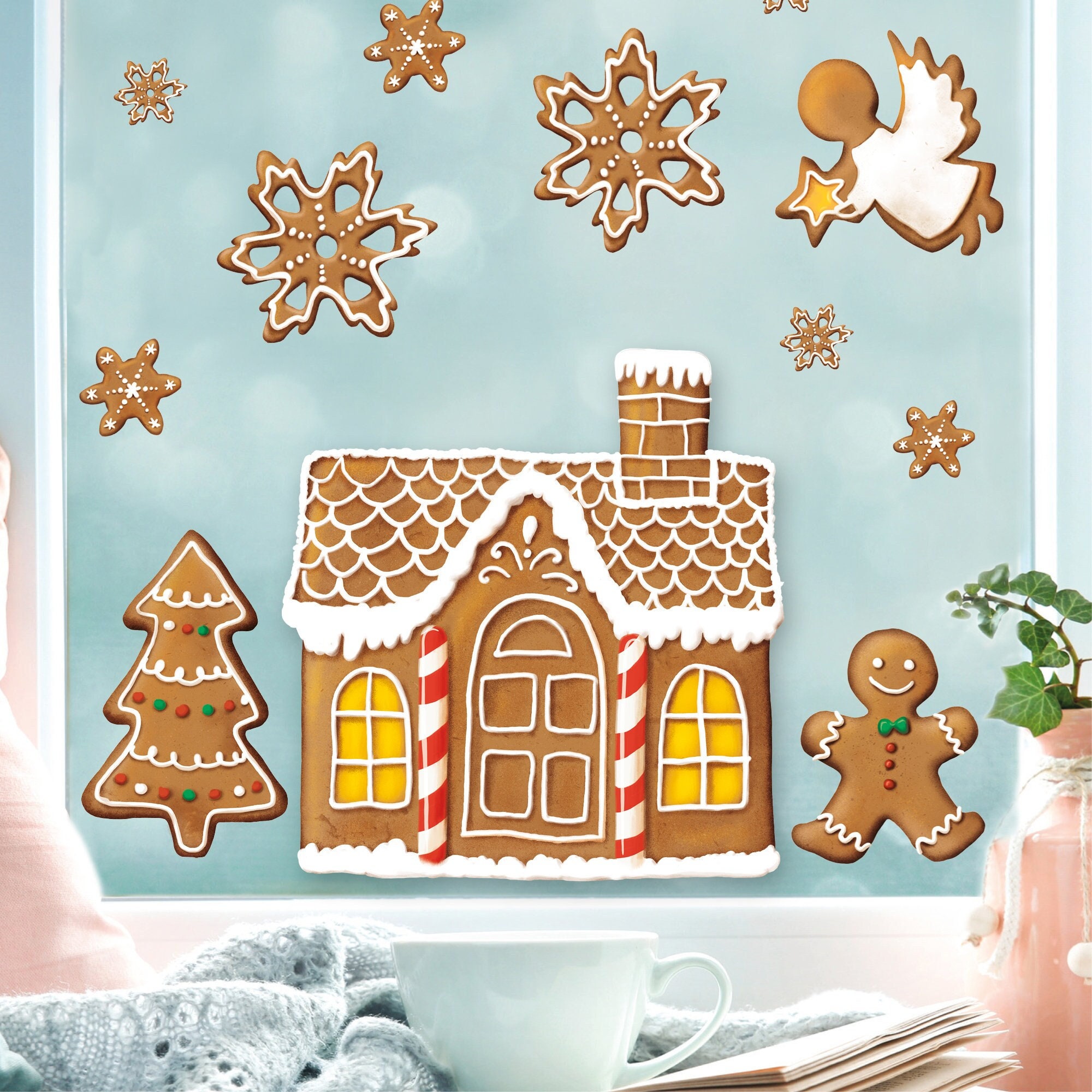 Fensterbild Weihnachten Lebkuchen Lebkuchenhaus, Lebkuchenmännchen Winter winterlicher Fensteraufkleber