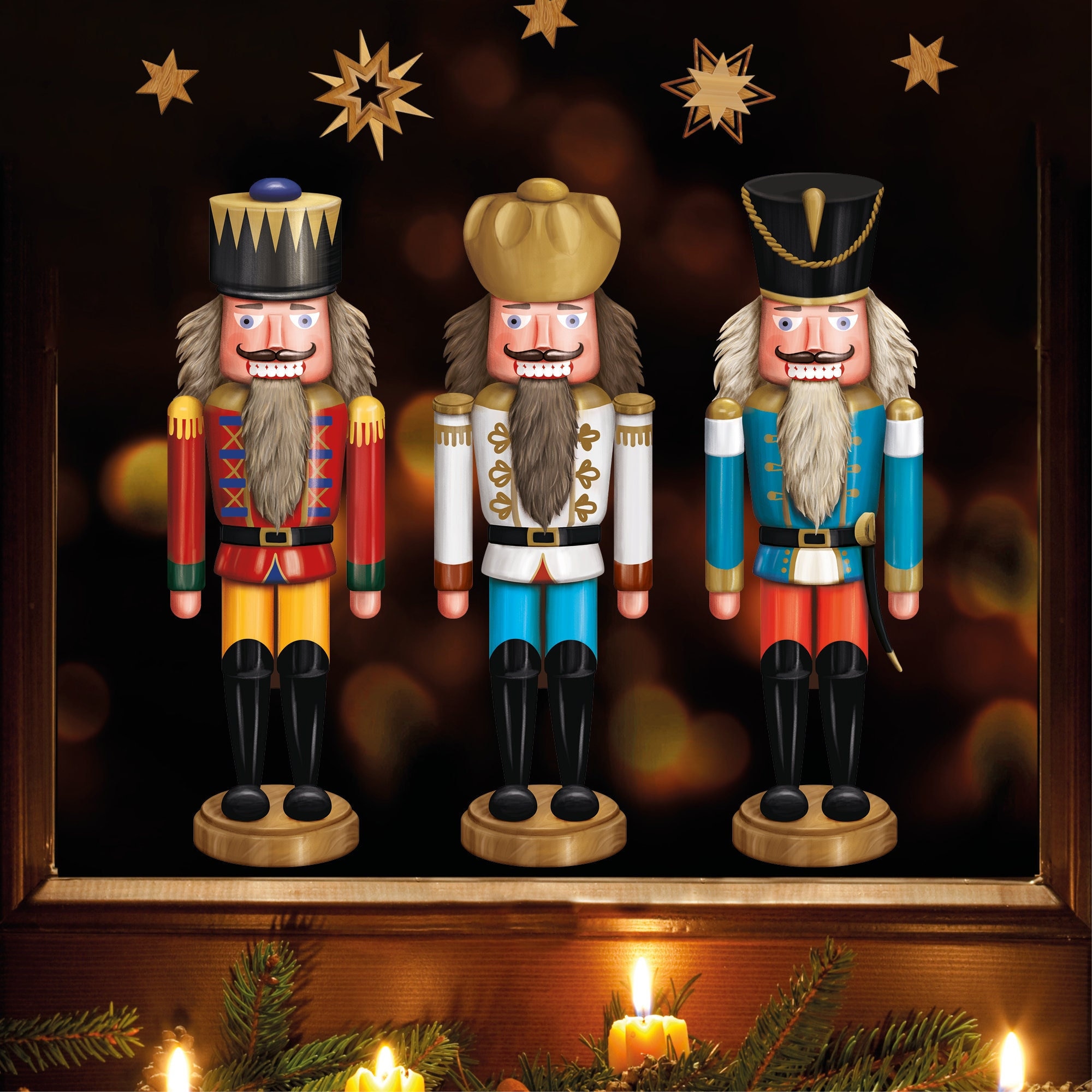 Fensterbild Weihnachten Nussknacker Erzgebirge Sterne in Holzoptik Fensteraufkleber Weihnachtsdekoration wiederverwendbar
