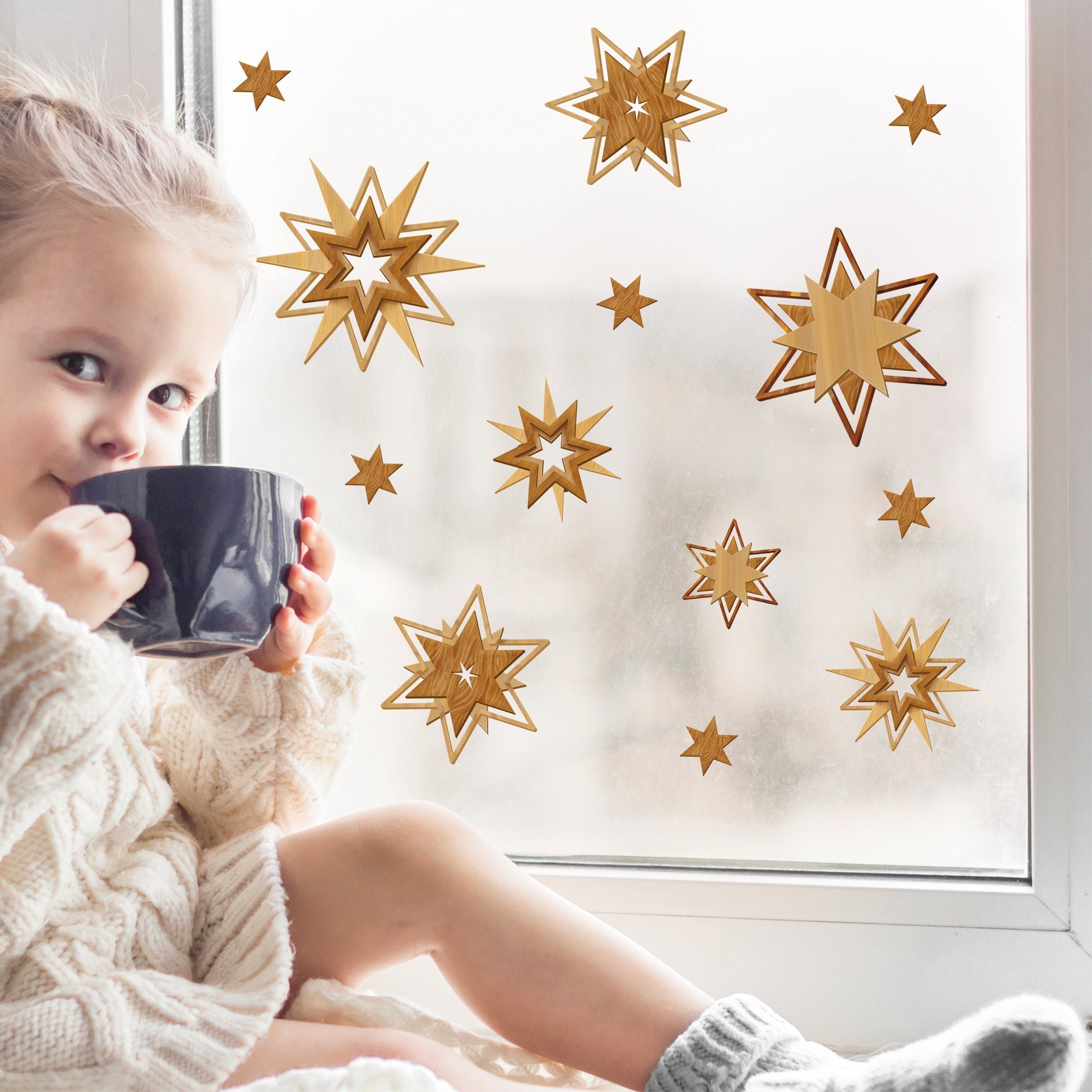 Fensterbild Weihnachten Set Sterne in Holzoptik Fensteraufkleber Weihnachtsdekoration wiederverwendbar