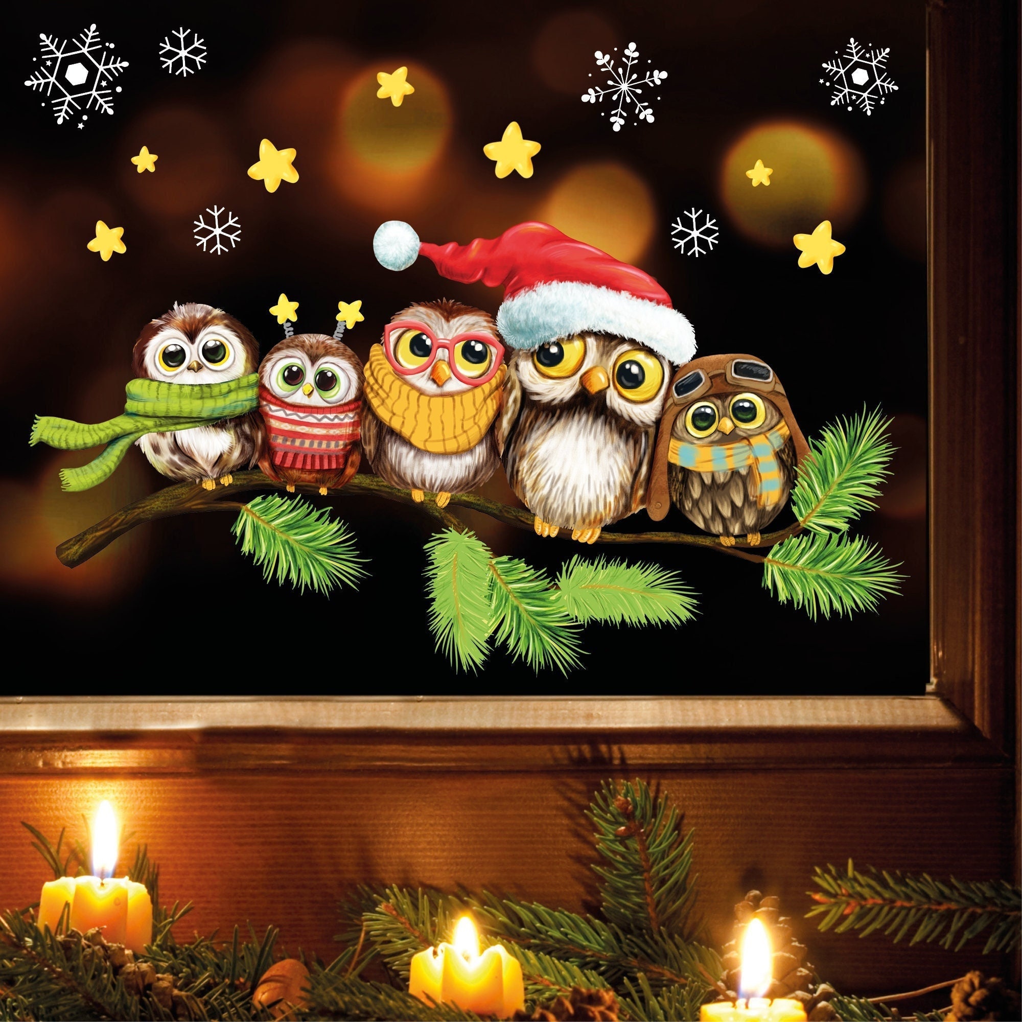 Fensterbild Weihnachten Winter 5 Eulen auf Ast Schneeflocken Fensteraufkleber Weihnachtsdeko wiederverwendbar