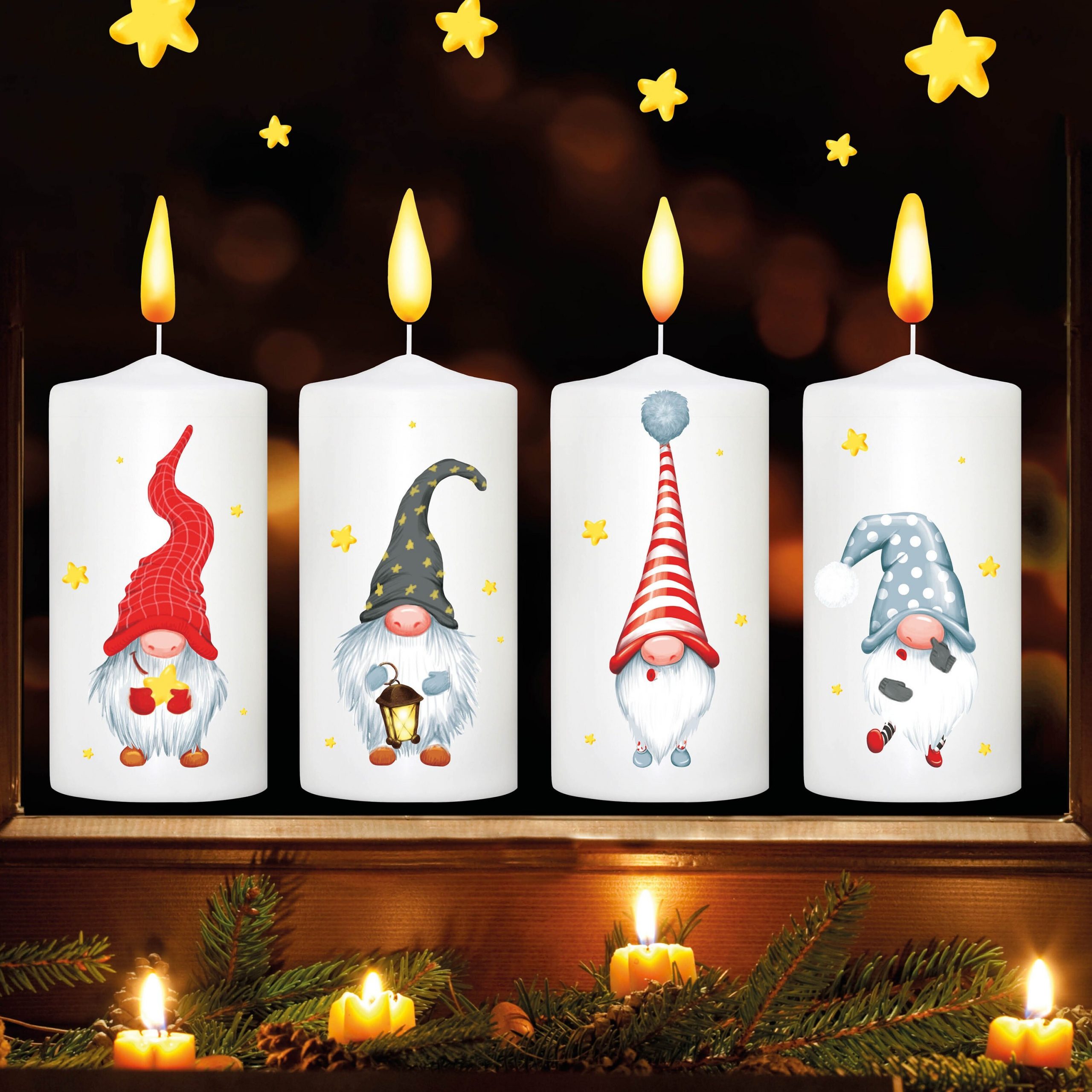 Fensterbild Weihnachten Winter Adventskerzen mit Zwergen und Flammen zum Selbstaufkleben an jedem Advent Fensteraufkleber Fensterdeko