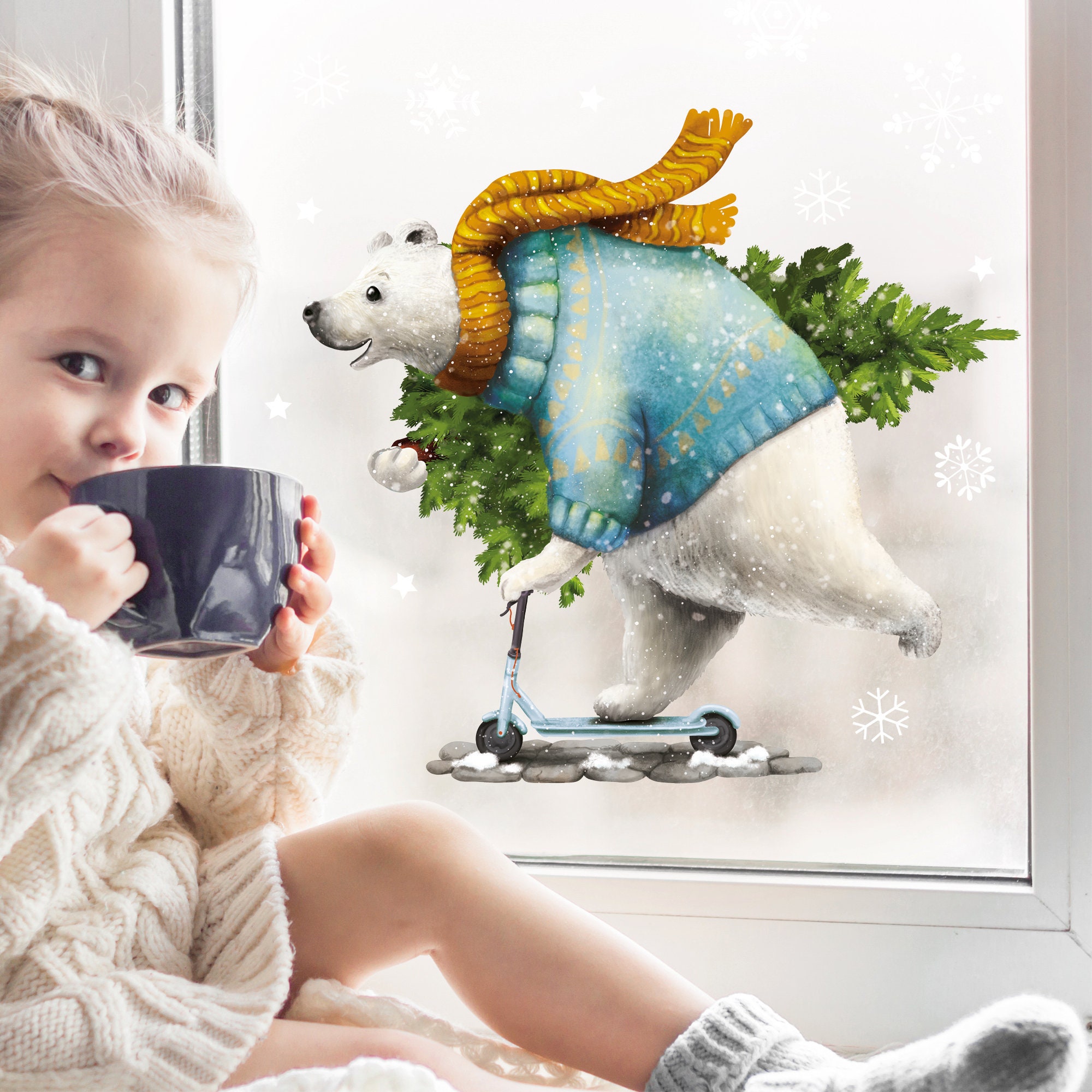 Fensterbild Weihnachten Winter Eisbär mit Tannenbaum auf Roller und Schneeflocken Kinderzimmer Fenster Weihnachtsdeko