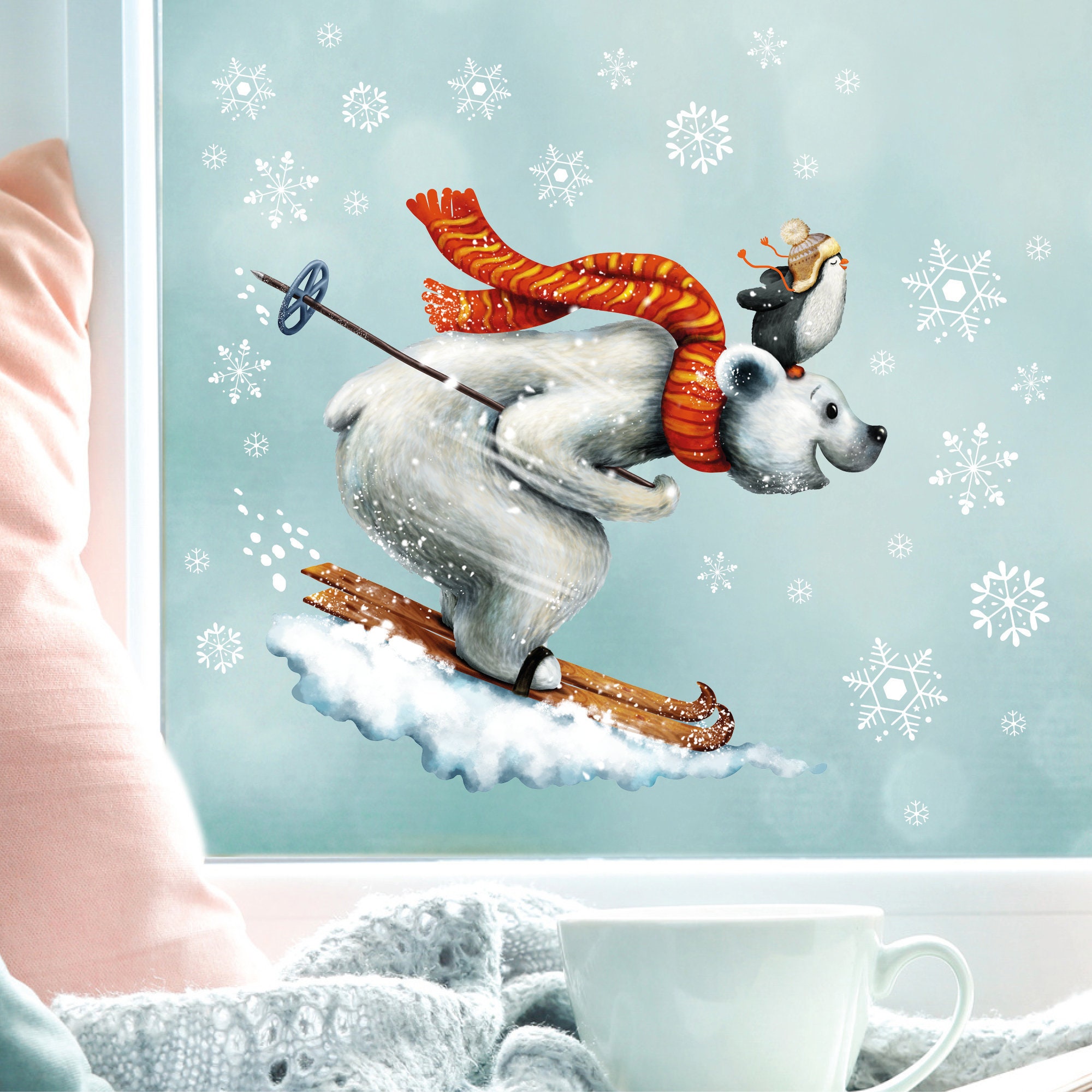 Fensterbild Weihnachten Winter Eisbär Pinguin Ski mit Schneeflocken Adventsdeko Weihnachtsdeko wiederverwendbar