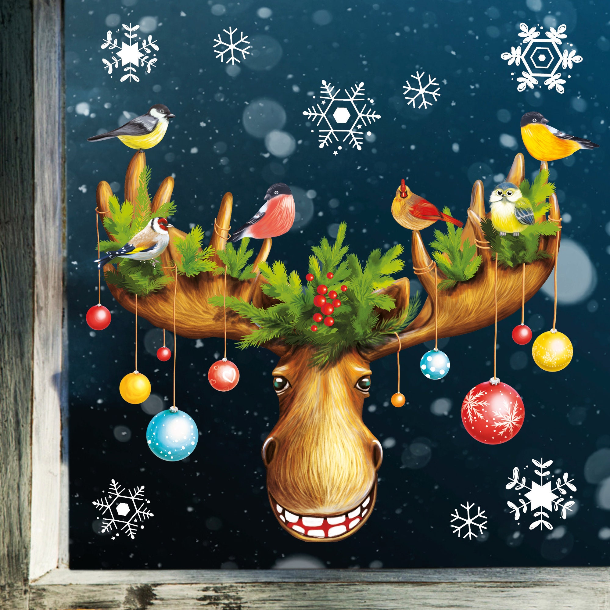 Fensterbild Weihnachten Winter Elch Geweih Weihnachtskugeln Schneeflocken Adventsdeko wiederverwendbar