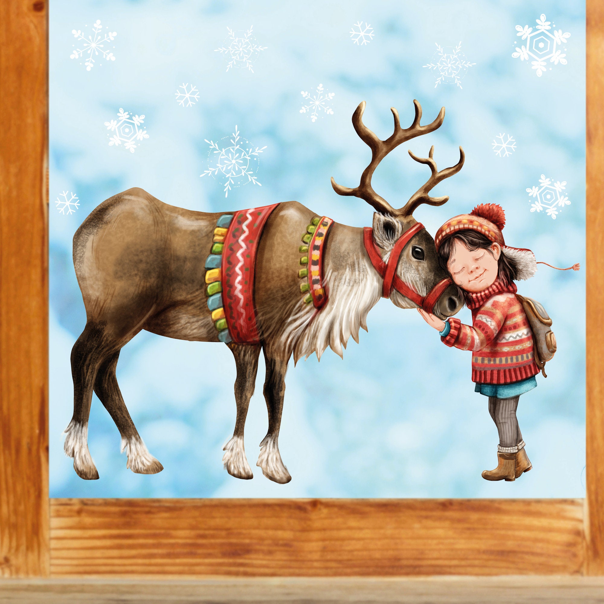 Fensterbild Weihnachten Winter Mädchen Rentier Elch Schneeflocken Fensteraufkleber wiederverwendbar