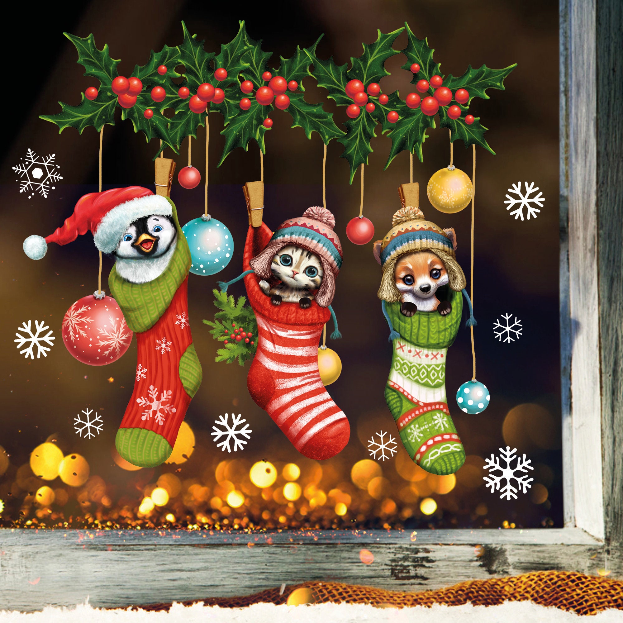 Fensterbild Weihnachten Winter Pinguin Katze Fuchs Weihnachtssocken Schneeflocken Fensteraufkleber
