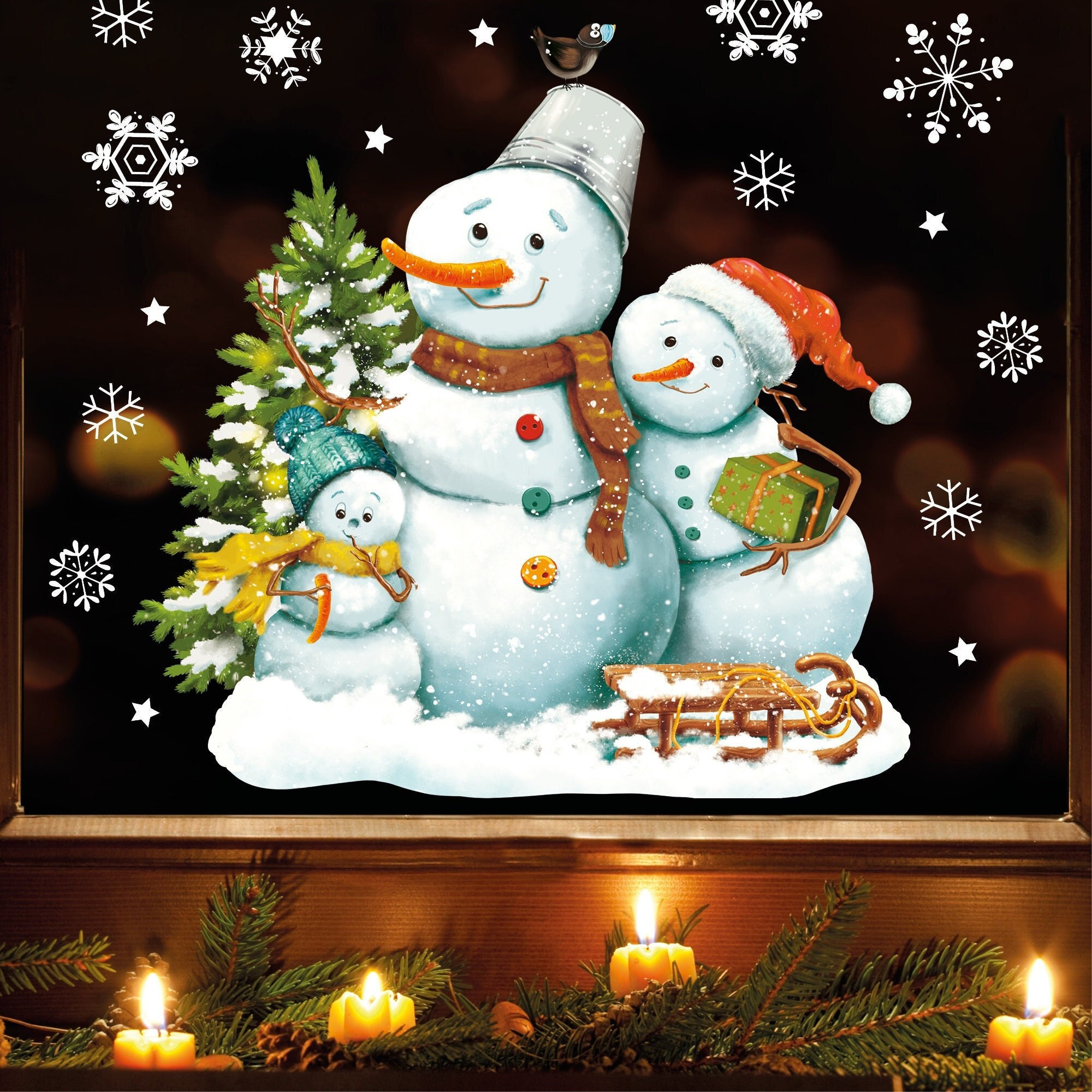 Fensterbild Weihnachten Winter Schneemänner Schneeflocken Kinderzimmer Fenster Weihnachtsdeko wiederverwendbar
