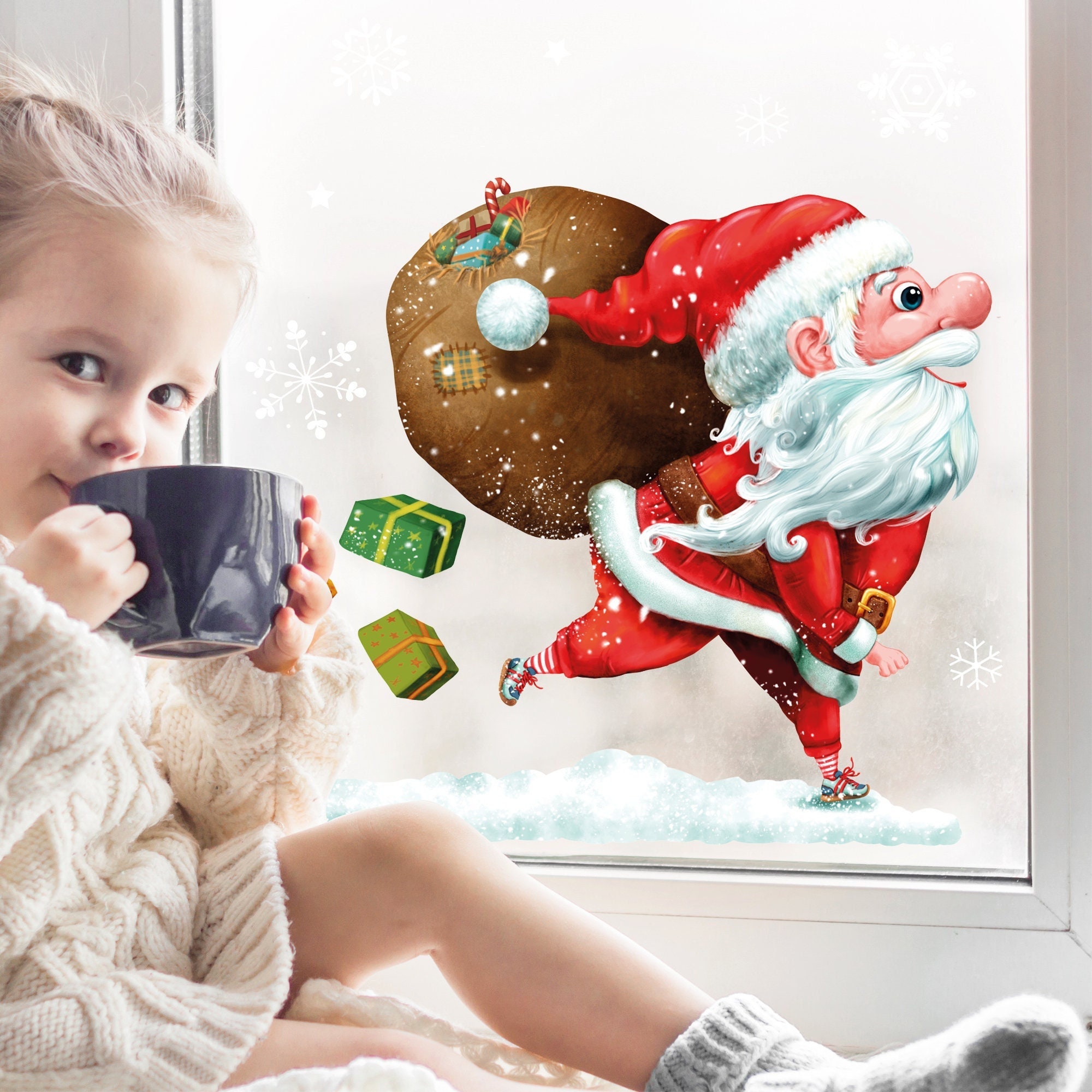 Fensterbild Weihnachten Winter Weihnachtsmann rennt Adventsdeko Fensteraufkleber Fensterfolie wiederverwendbar