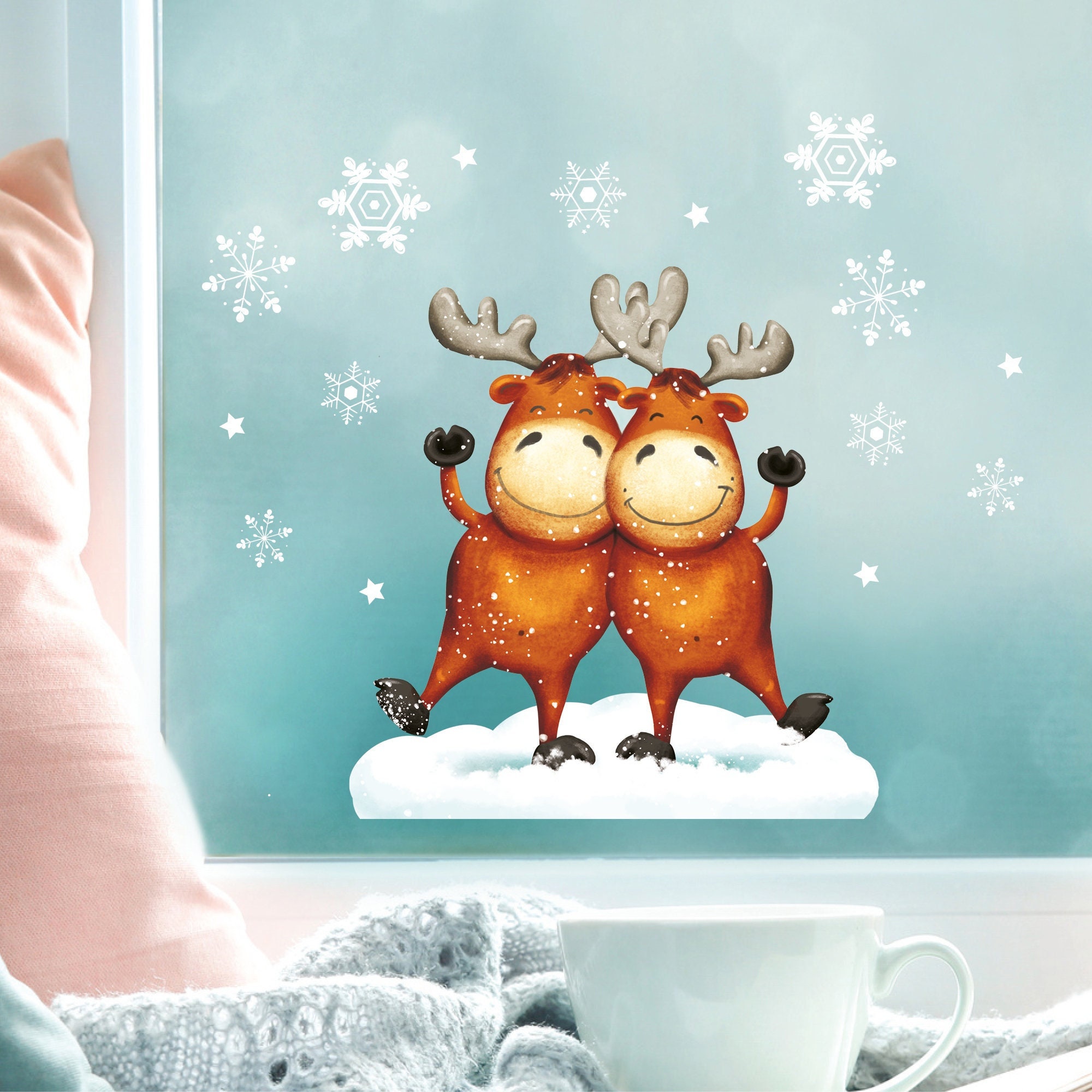 Fensterbild Weihnachten Winter wiederverwendbar Elche Weihnachtsdekoration Fensteraufkleber