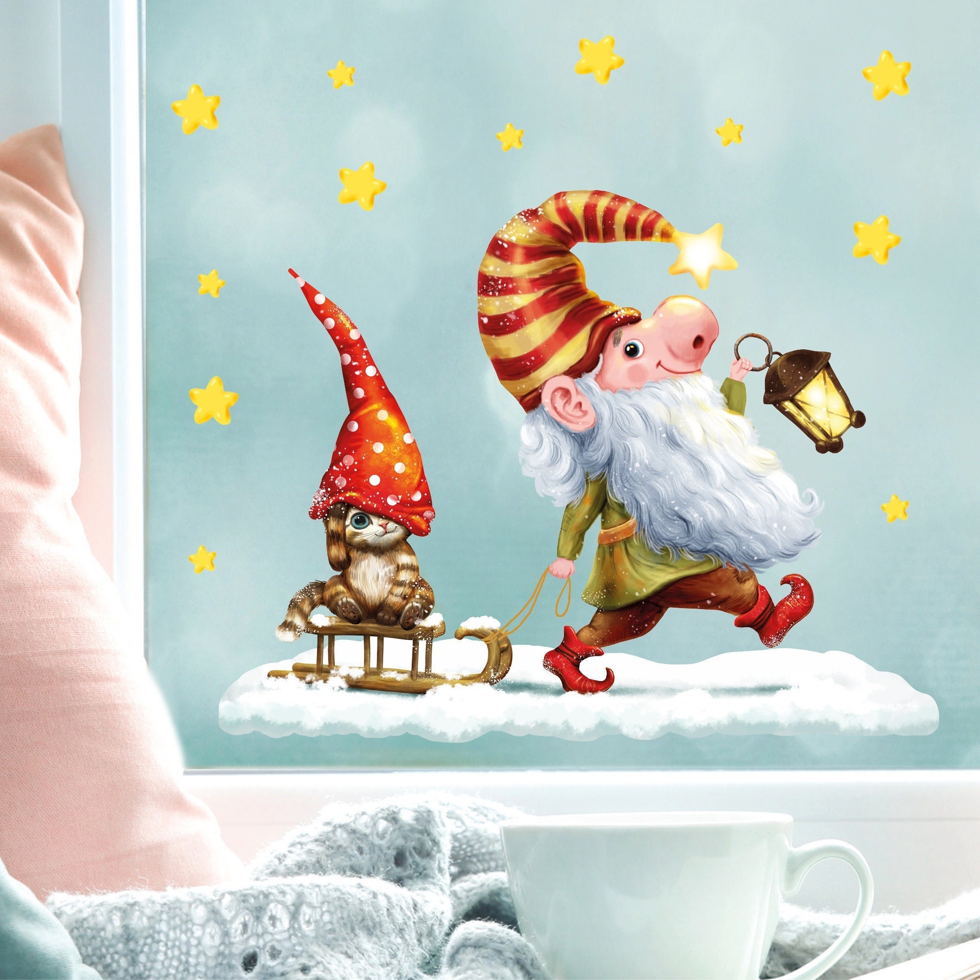 Fensterbild Weihnachten Winter Zwerg mit Katze auf Schlitten und Sternen