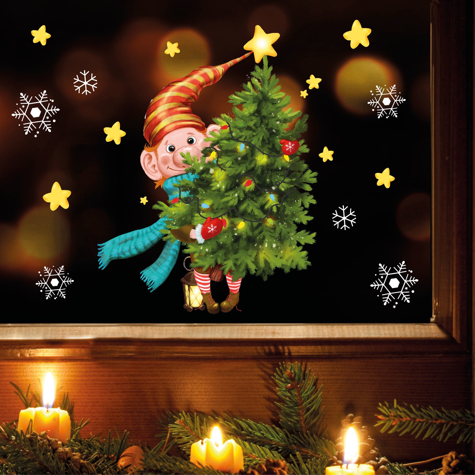 Fensterbild Weihnachten Winter Zwerg Tannenbaum Sterne Schneeflocken Fensteraufkleber Kinderzimmer Weihnachtsdeko wiederverwendbar