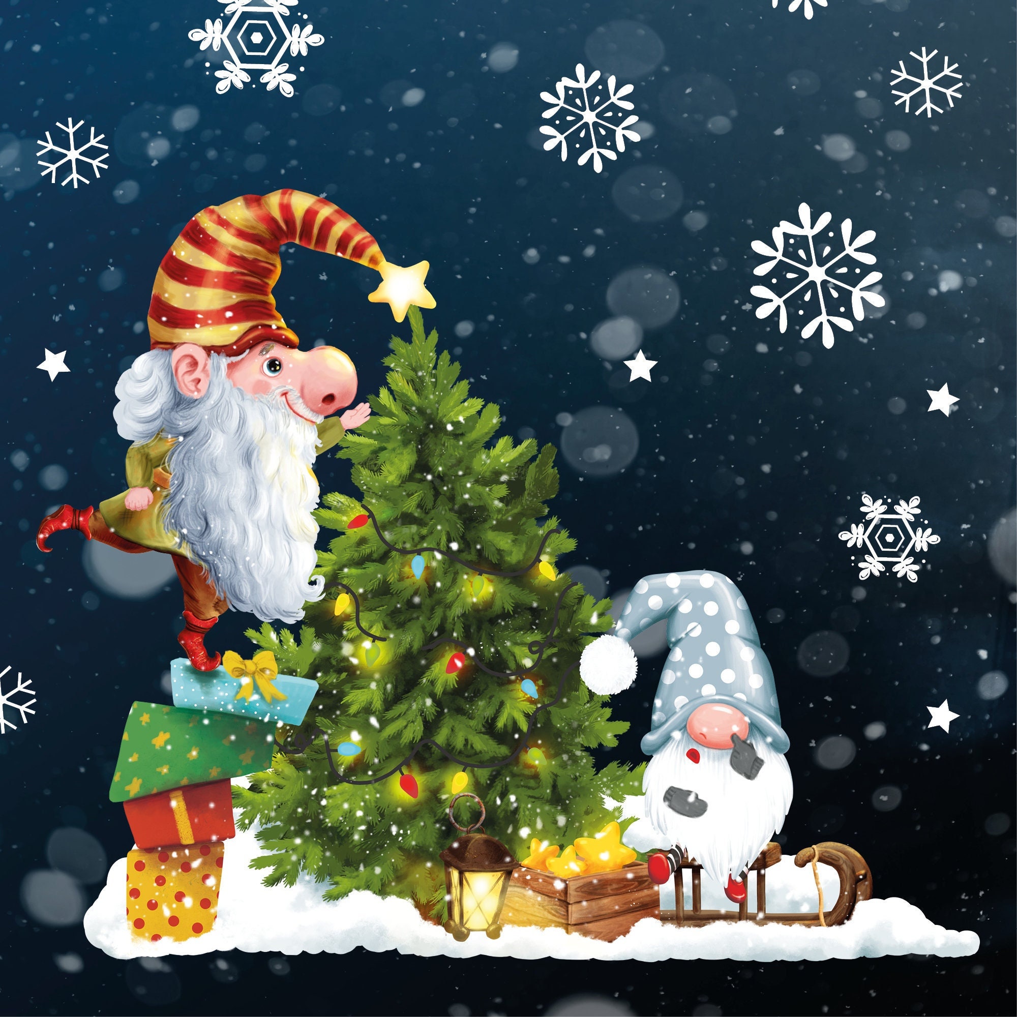 Fensterbild Weihnachten Winter Zwerge Schlitten Weihnachtsbaum Schneeflocken Kinderzimmer wiederverwendbar