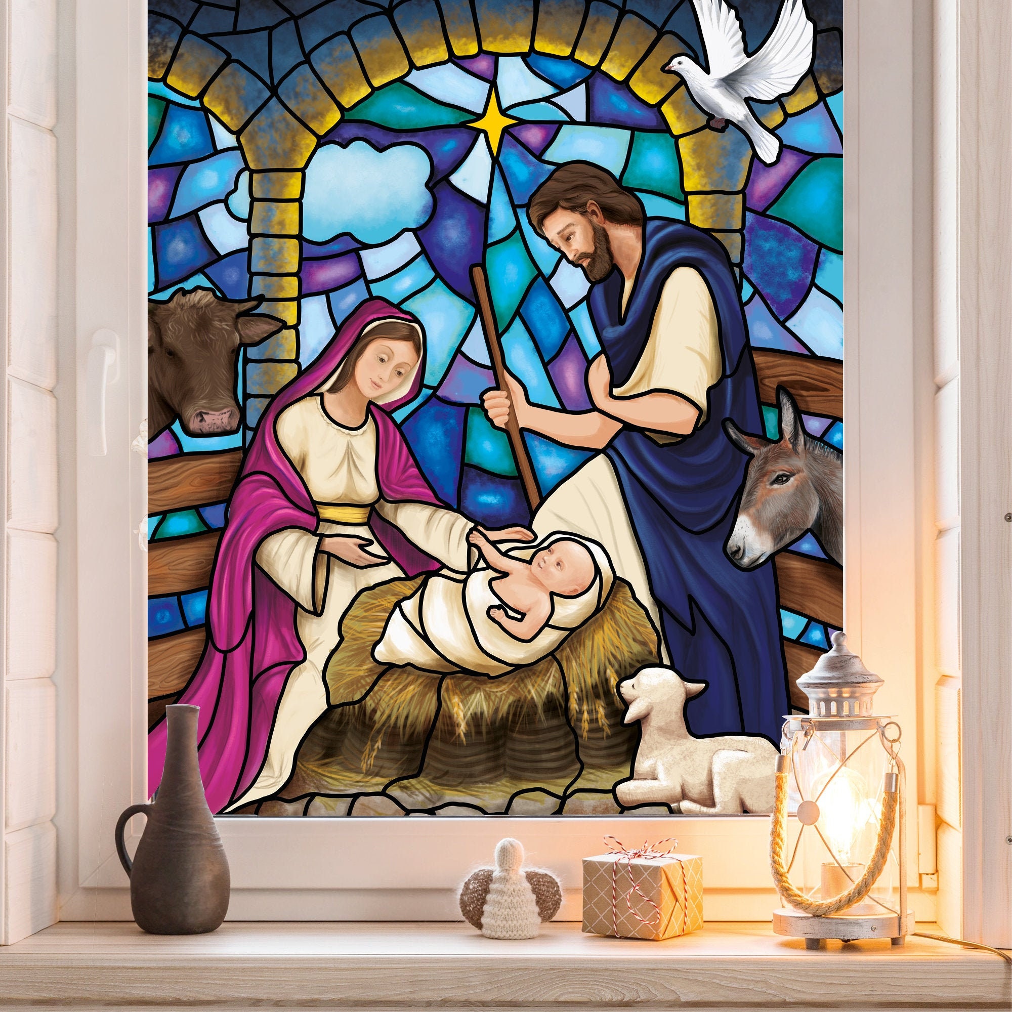 Fensterbild Winter Kirche Krippenbild Maria und Josef wiederverwendbare Fensteraufkleber Mosaik Weihnachten