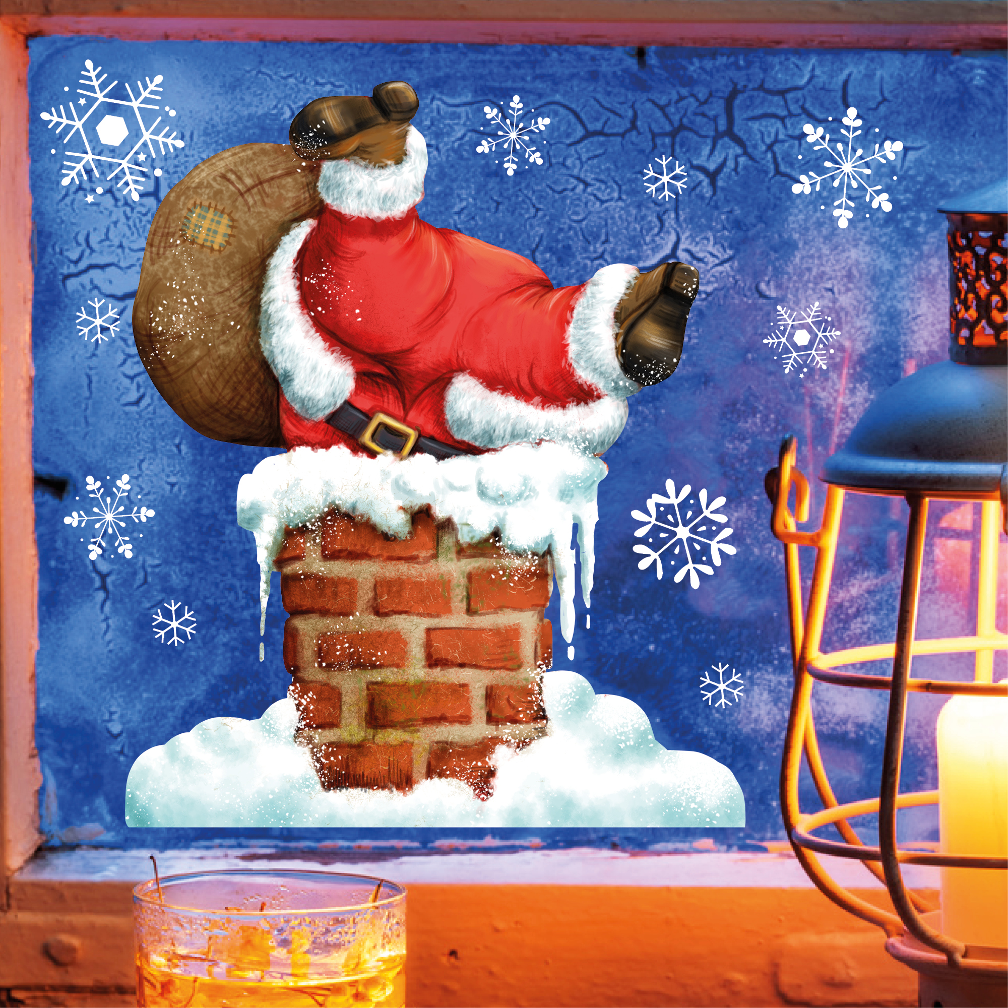 Fensterbild Weihnachten Winter Weihnachtsmann Schornstein mit Schneeflocken Adventsdeko wiederverwendbar